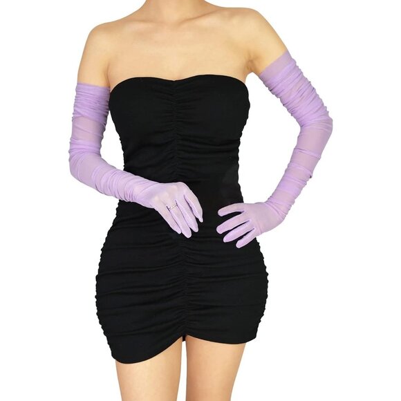 Women's Lavender Sexy Tulle Sheer Mesh Long Satin Gloves Party Prom Costume - Picture 2 of 6